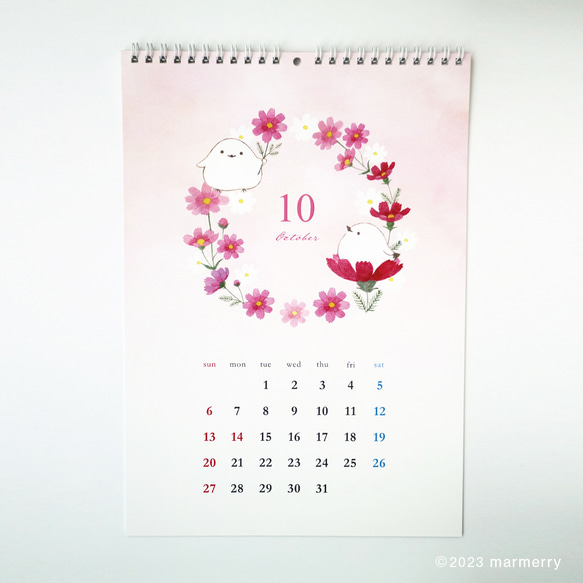 ◆SALE◆ 2024年 壁掛けカレンダー「シマエナガと季節のお花デザイン」（A4サイズ） 13枚目の画像