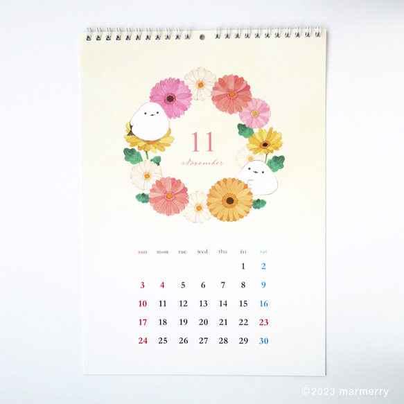 ◆SALE◆ 2024年 壁掛けカレンダー「シマエナガと季節のお花デザイン」（A4サイズ） 14枚目の画像