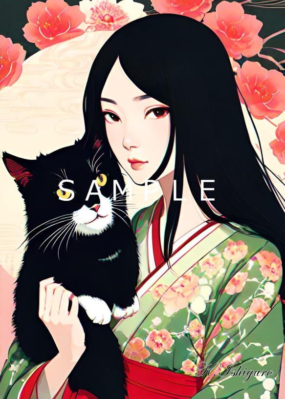 猫と女性と花(昭和レトロ風イラスト)A4額付き　№s-2806 1枚目の画像