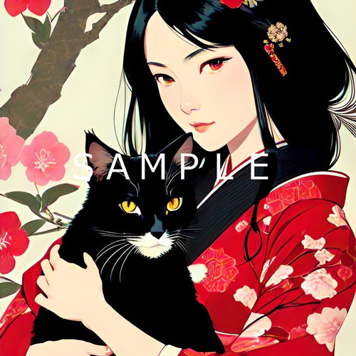 猫と女性(昭和レトロ風イラスト)A4 №s-2807 イラスト shizennokaze