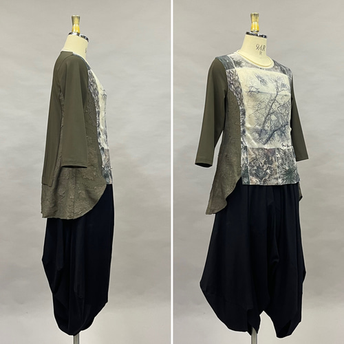 美品⁂センソユニコ⁂半袖プルオーバー　花柄袖　シアー素材　異素材切替　近年 M 美品⁂センソユニコ⁂半袖プルオーバー 花柄袖 シアー素材 異素材