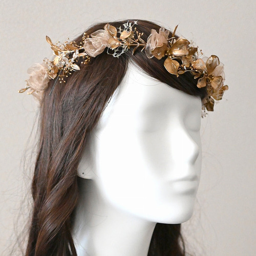 ゴールドフラワー花冠 成人式カチューシャ 和装髪飾り カチューシャ
