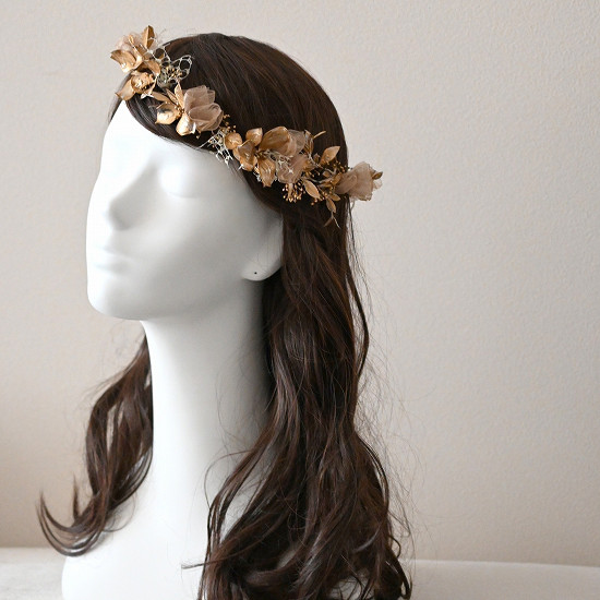 ゴールドフラワー花冠　成人式カチューシャ　和装髪飾り
