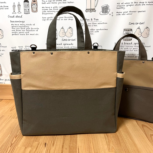Lサイズ ⭐︎チューリップ型 ○カーキ帆布 2色の トートバッグ Lサイズ ⭐︎チューリップ型 ○カーキ帆布 2色の トートバッグ