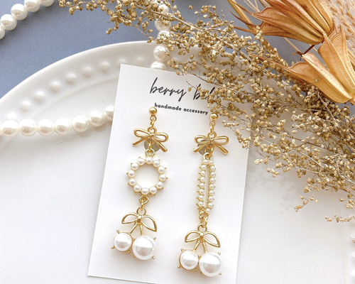 再販】 アシンメトリー さくらんぼ リボン パール イヤリング ピアス