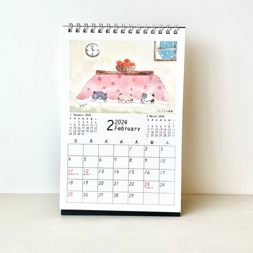 2024年 卓上カレンダー(縦型) 透明水彩画 イラスト うさぎ 猫 犬 クマ