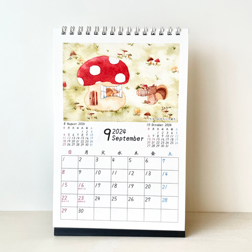 2024年 卓上カレンダー(縦型) 透明水彩画 イラスト うさぎ 猫 犬 クマ