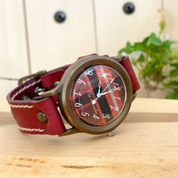 手作り腕時計　Via Aurelia(タータンチェックワインレッド & ワインレッド) 1枚目の画像