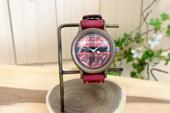 手作り腕時計　Via Aurelia(タータンチェックワインレッド & ワインレッド) 6枚目の画像