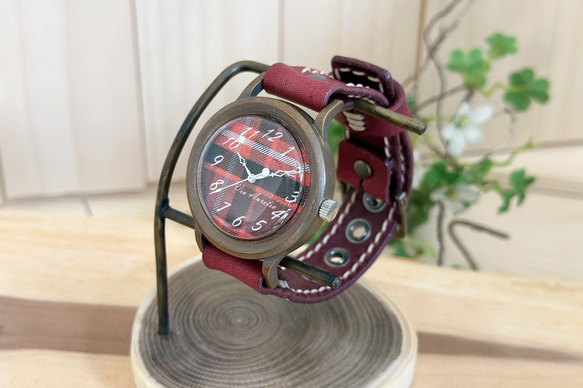 手作り腕時計　Via Aurelia(タータンチェックワインレッド & ワインレッド) 7枚目の画像