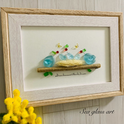 シーグラスアート シマエナガ 四葉のクローバー インテリア雑貨