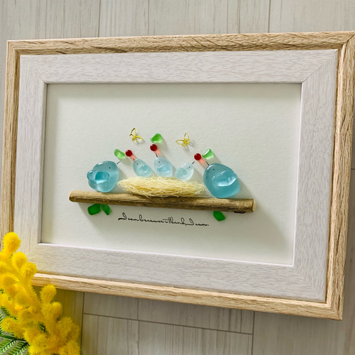 シーグラスアート 小鳥の家族 インテリア雑貨 ウェルカムスペース