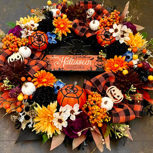 No.wreath-15516/特大ハロウィンリース23-(1) オレンジ系 50cm