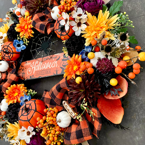 No.wreath-15516/特大ハロウィンリース23-(1) オレンジ系 50cm