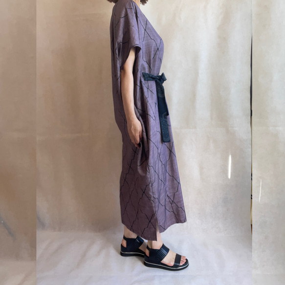 (op-07)　着物 和服　浴衣　リメイク　ドロップショルダー　コクーン　ワンピース　ドレス　紬 3枚目の画像