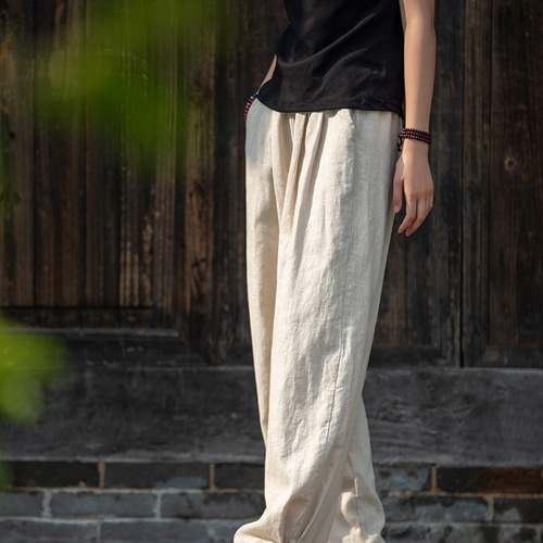 砂洗綿麻のロングパンツ 婦人亜麻のブルマです #リネン原色 ロング