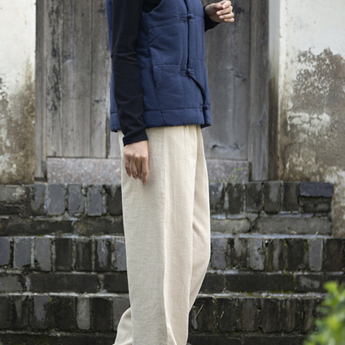 砂洗綿麻のロングパンツ 婦人亜麻のブルマです #リネン原色 ロング