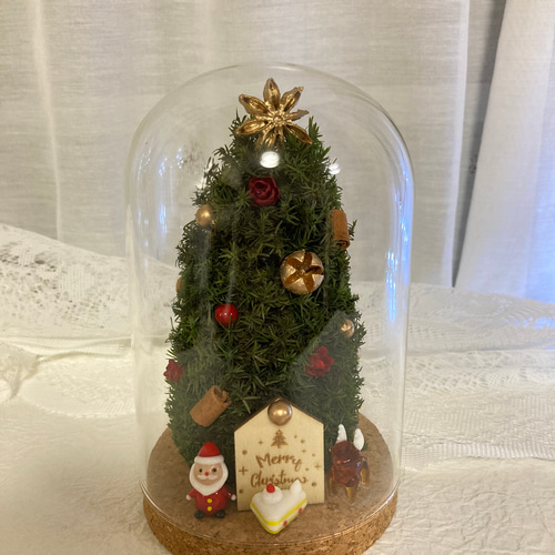ガラスドーム　クリスマスツリー　高さ25cm [ハンドメイド] 超早割クリスマス2025 コルクガラスドームツリー ガラス細工のサンタ