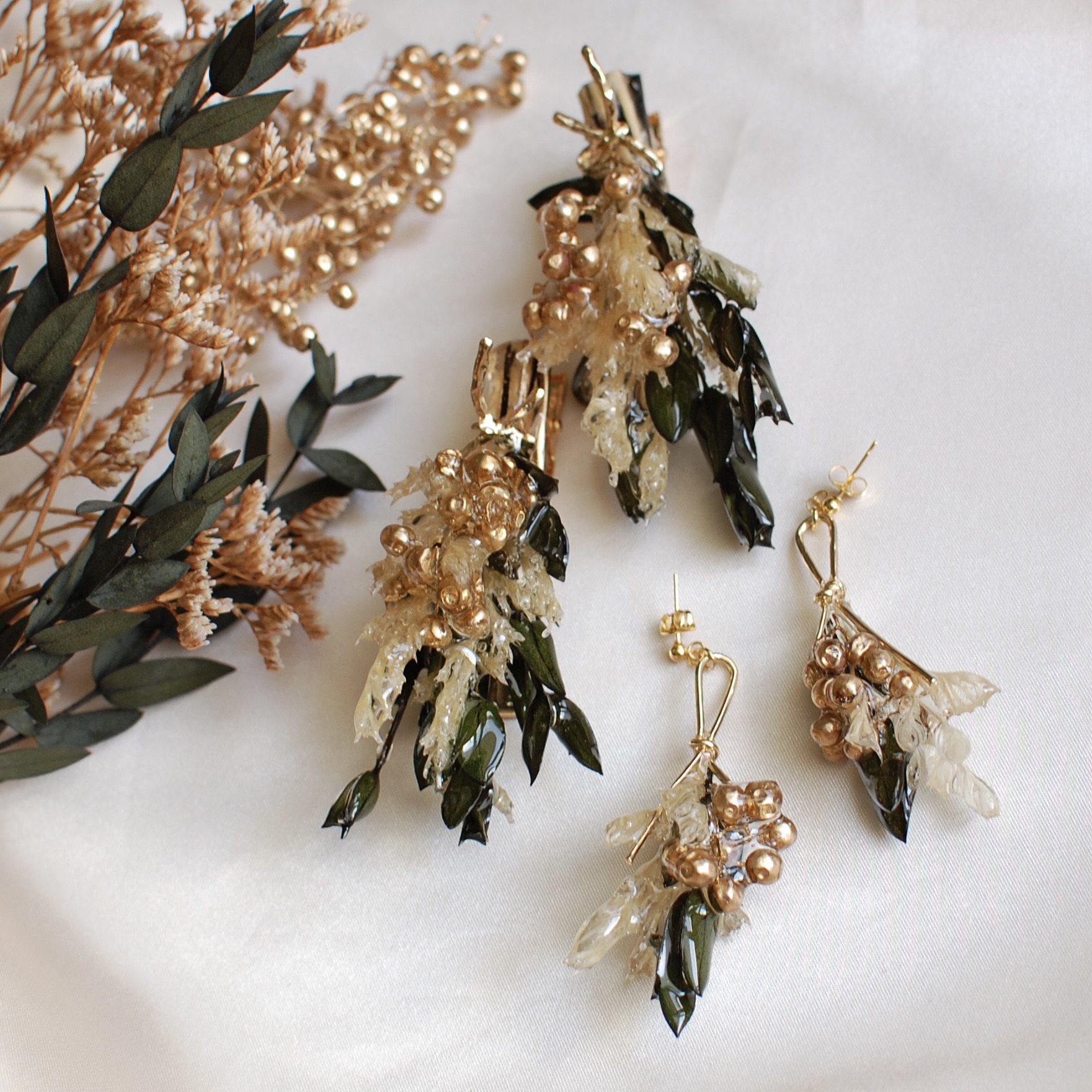 【セット・コフレ】スターチスのアンティークブーケ 〜ピアス・イヤリング＆ヘアアクセサリー〜