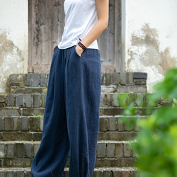 砂洗棉麻長褲 女士亞麻燈籠褲 #海軍藍 第3張的照片