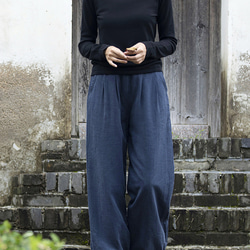 砂洗棉麻長褲 女士亞麻燈籠褲 #海軍藍 第4張的照片