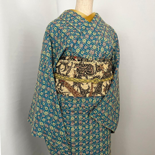 専用です☆ターコイズの着物に作り帯☆ 着物 単衣 夏きもの 浴衣 ターコイズに手染めのあざみ セオα