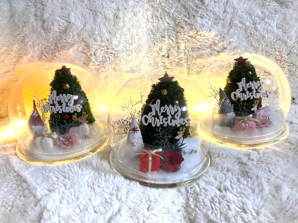 新作早割クリスマス2023 プリザーブドドライフラワーガラスドーム バラとヒムロスギツリー サンタトナカイプレゼント 15枚目の画像
