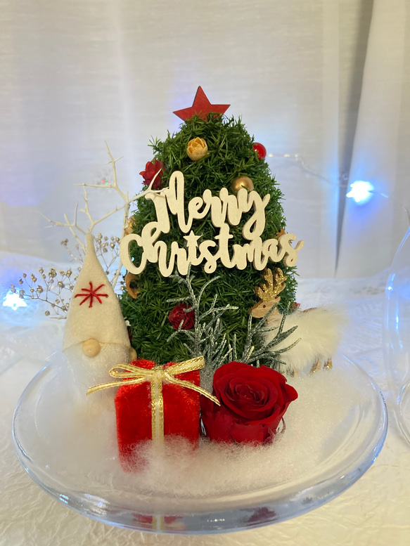 新作早割クリスマス2023 プリザーブドドライフラワーガラスドーム バラとヒムロスギツリー サンタトナカイプレゼント 13枚目の画像