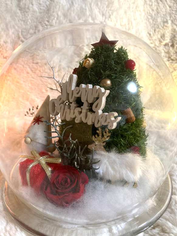 新作早割クリスマス2023 プリザーブドドライフラワーガラスドーム バラとヒムロスギツリー サンタトナカイプレゼント 11枚目の画像