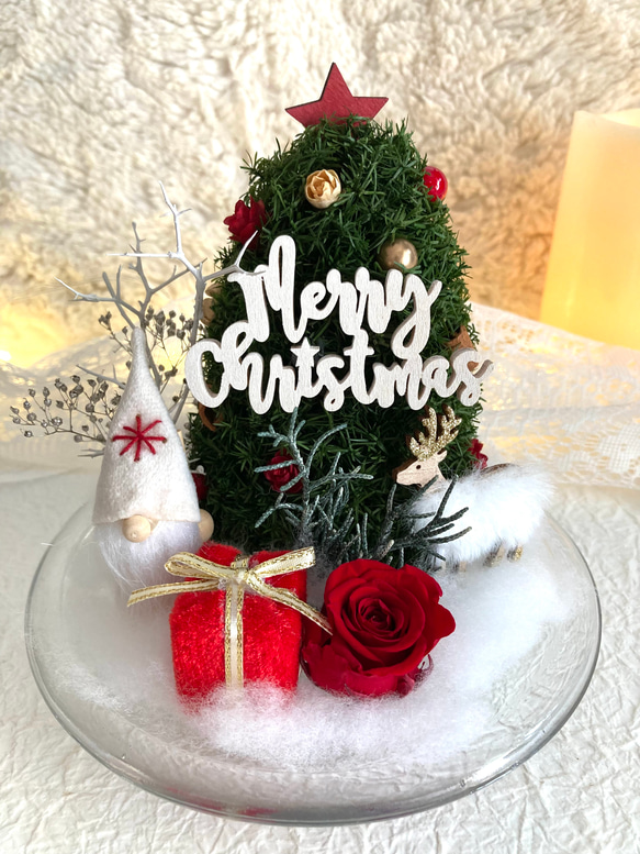 新作早割クリスマス2023 プリザーブドドライフラワーガラスドーム バラとヒムロスギツリー サンタトナカイプレゼント 3枚目の画像