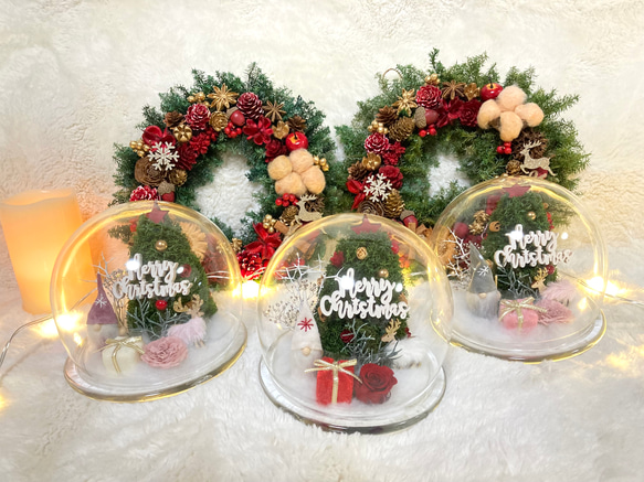 新作早割クリスマス2023 プリザーブドドライフラワーガラスドーム バラとヒムロスギツリー サンタトナカイプレゼント 16枚目の画像