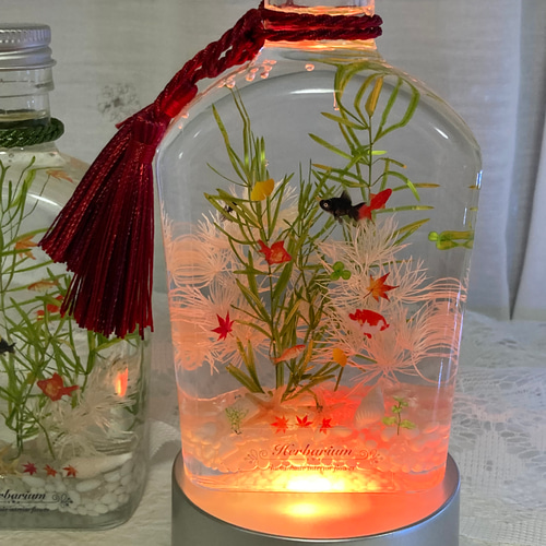 ハーバリウムオイル 金魚が泳ぐ和風ボトル ダブルタッセル、LED