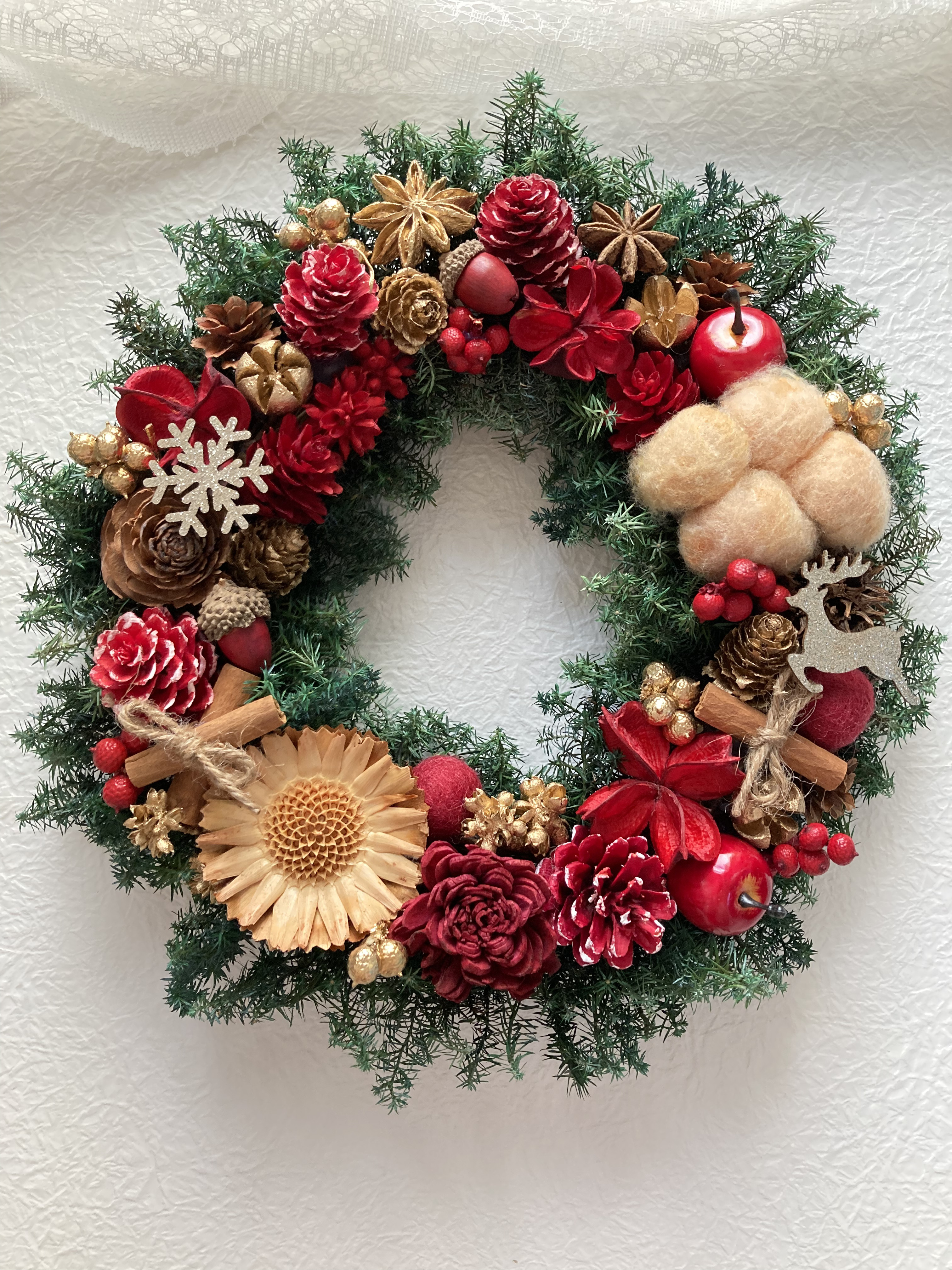 クリスマス2025SALE プリザーブドドライフラワーウィンターリース レッドゴールドブラウン系 クリスマス雑貨