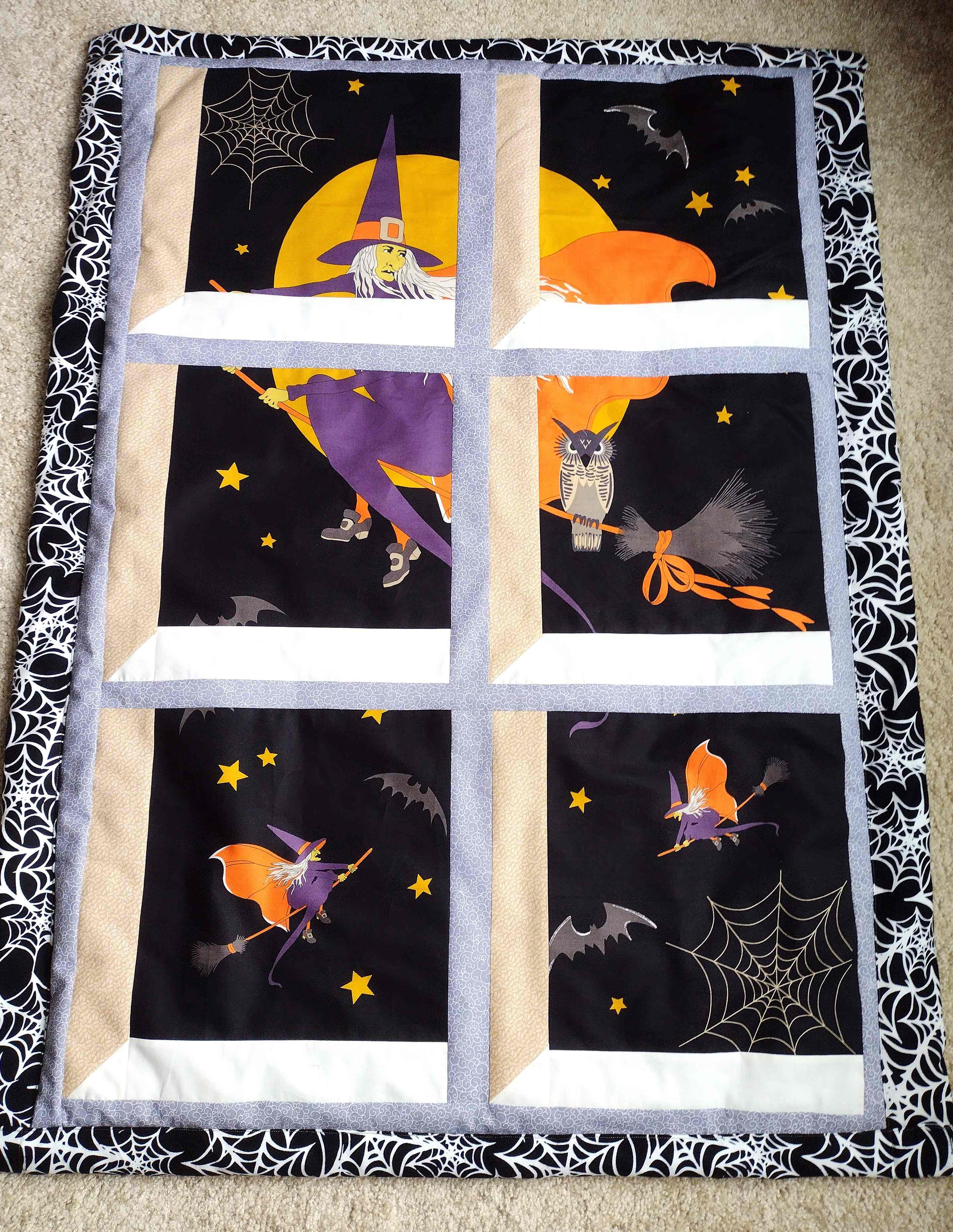 ハロウィンウィッチ柄パネル、パッチワークひざ掛け、ブランケット