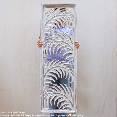 レリーフ 40cm×120cm WW ヤシの葉 アートパネル 木彫り フレーム 彫刻