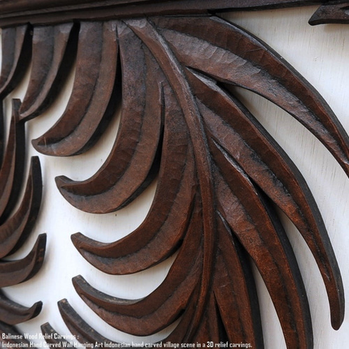 レリーフ 40cm×120cm B ヤシの葉 アートパネル 木彫り フレーム 彫刻