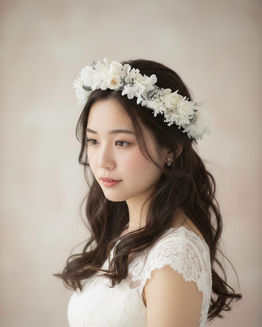 プリザーブドフラワーの花冠 wedding 結婚式　ヘッドドレス　春の誕生花2026