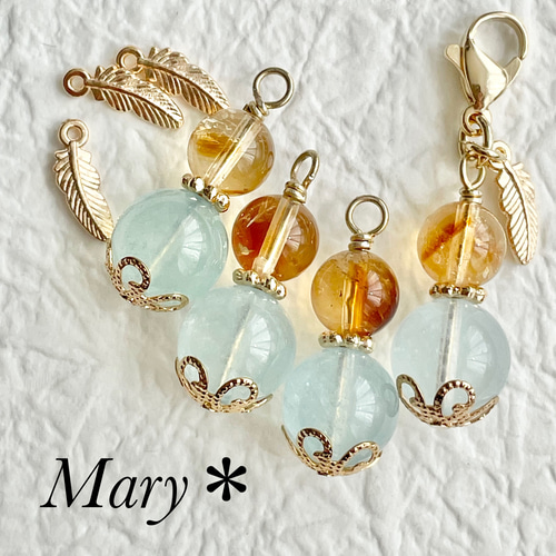 1420 ファントムシトリン×アクアマリン 天然石 お守り チャーム 羽根