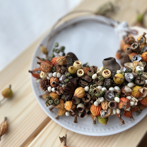 秋色 たっぷりの月桃の実といろんな種類の木の実のハーフリース