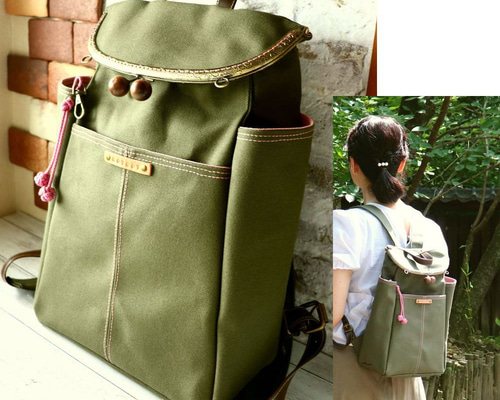 ojigi2nd【モノの音 mononone】がま口帆布リュック/オリーブ