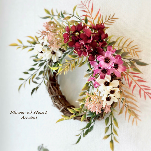 再販＊秋桜(コスモス)が可愛いフラワーリース 色づく紅葉の