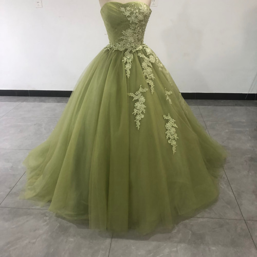 エレガント グリーン カラードレス ベアトップ 繊細レース 花嫁/二次会  