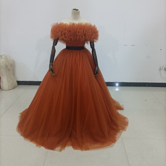 即納！テラコッタカラードレス オフショルダー 2WAYドレス 取り外し可能 花嫁/拳式