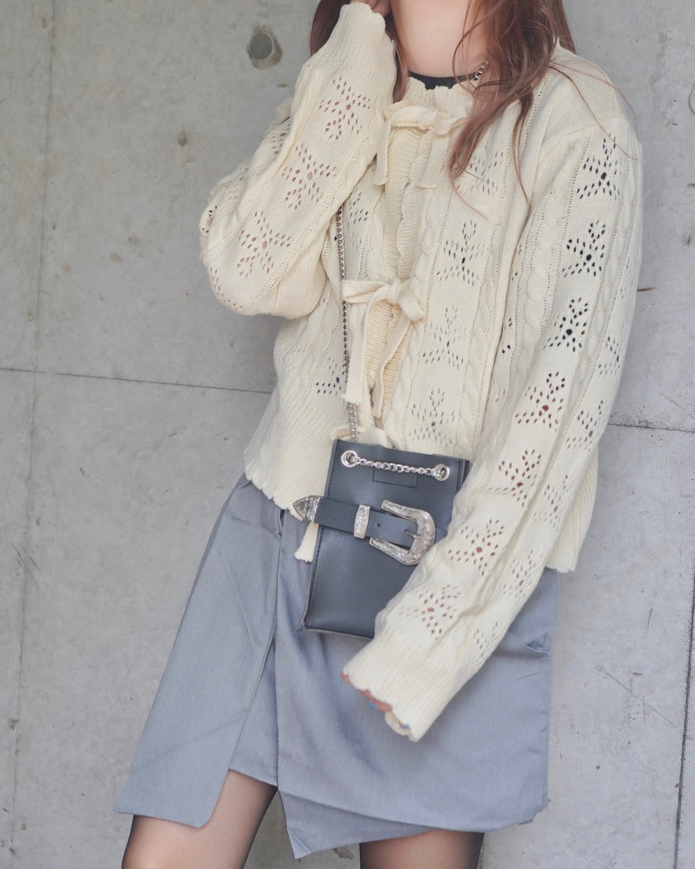Cable＆Crochet Knit Ribbon Cardigan (cream) カーディガン ベージュ ガーリー