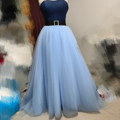 エレガント デニムドレス ネイビー ベアトップ チュールスカート  