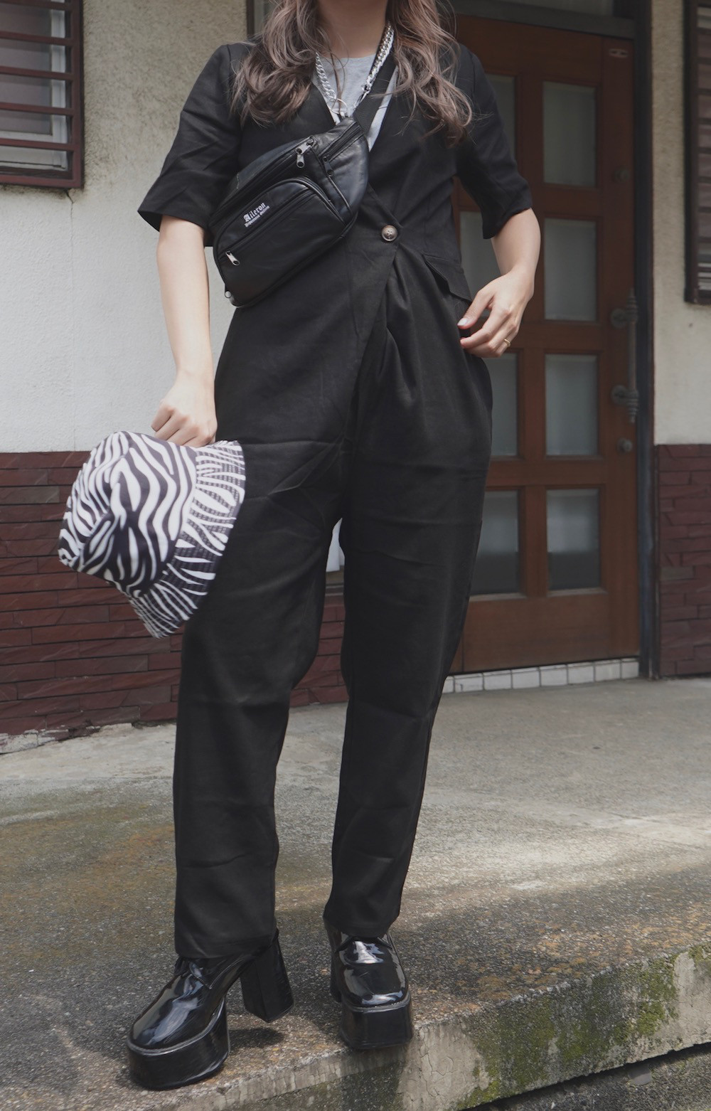 Double Breasted S/S Jumpsuit (black)セットアップ ブラック 黒 カジュアル