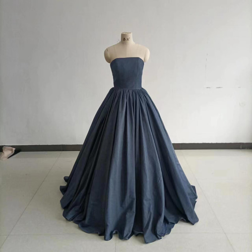 高品質！ブルーグレー ベアトップ デニムドレス 取り外し袖 披露宴  