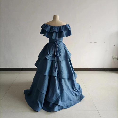 送料無料！ブルーグレー デニムドレス 取り外しオフショルダー  