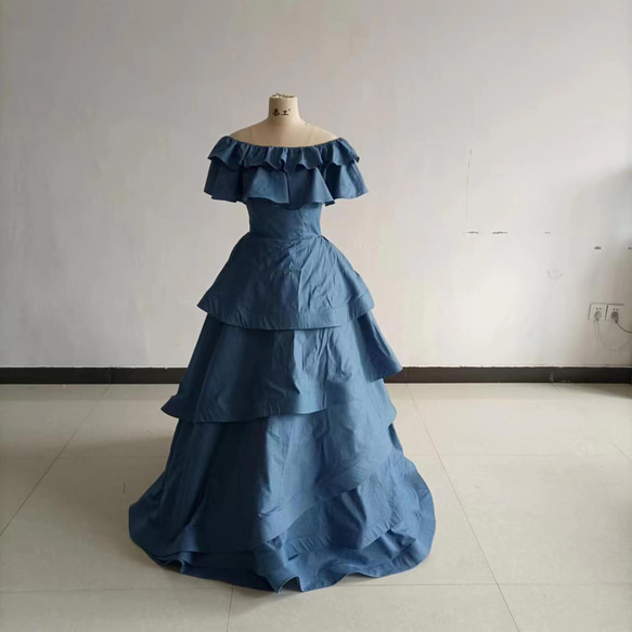 送料無料！ブルーグレー デニムドレス 取り外しオフショルダー  