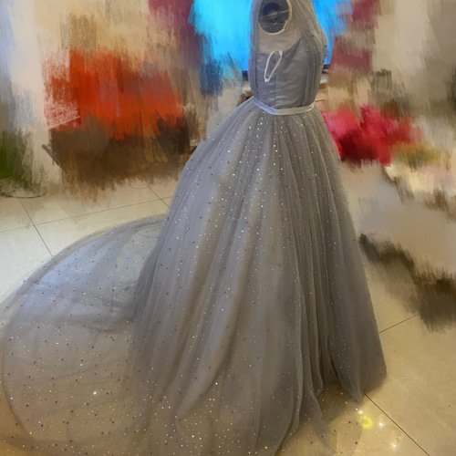 高品質！ブルーグレー カラードレス ソフトチュール キラキラチュール  